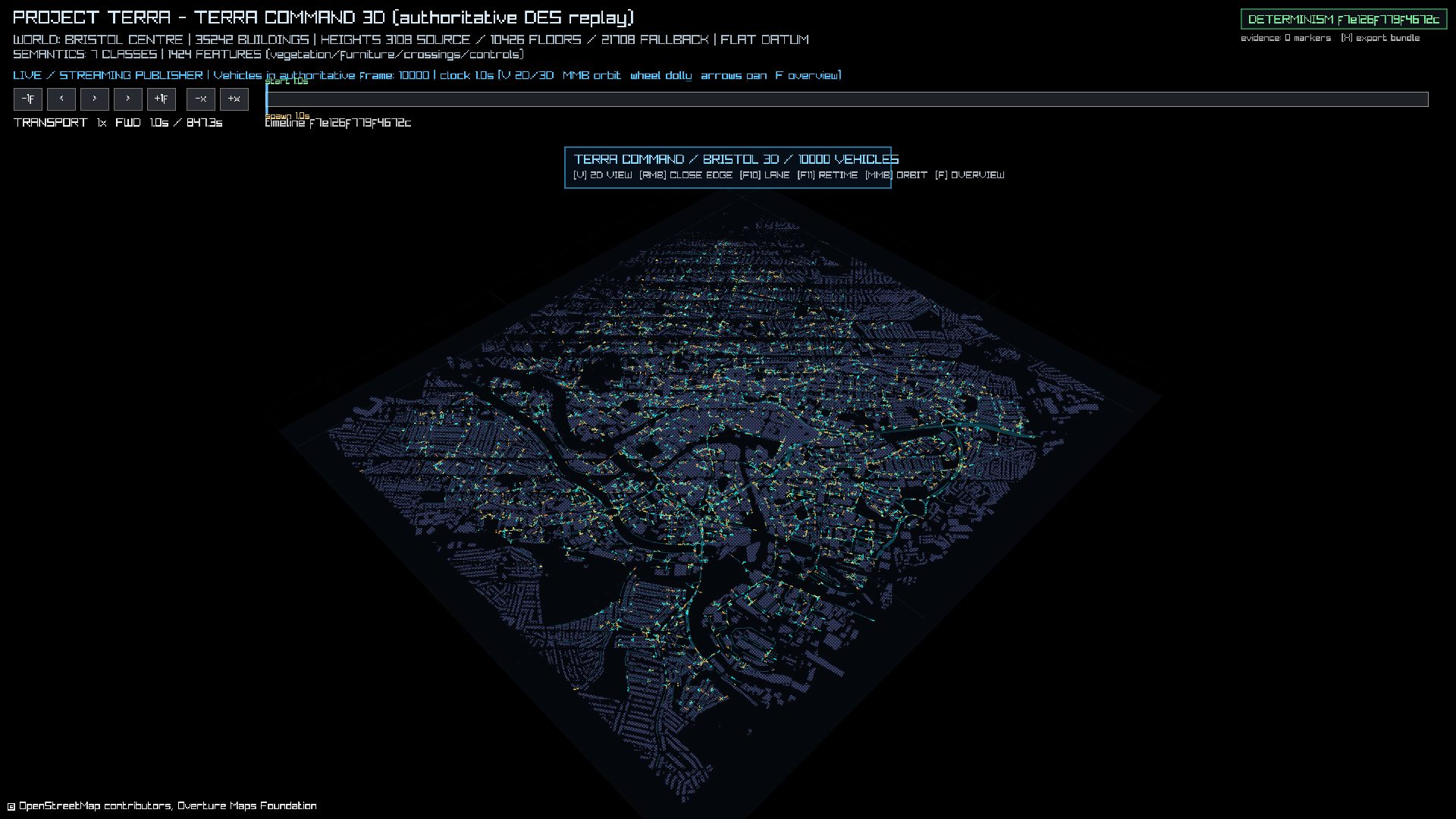 Top-down schematic of 10,000 vehicles moving across the compiled Bristol network