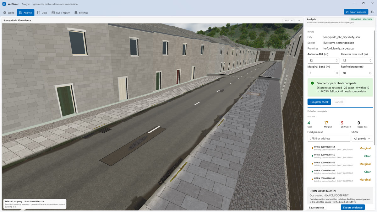 The VeriStreet app after a path check: a street-level view beside a list of premises marked clear or marginal, with the selected property's first obstruction.