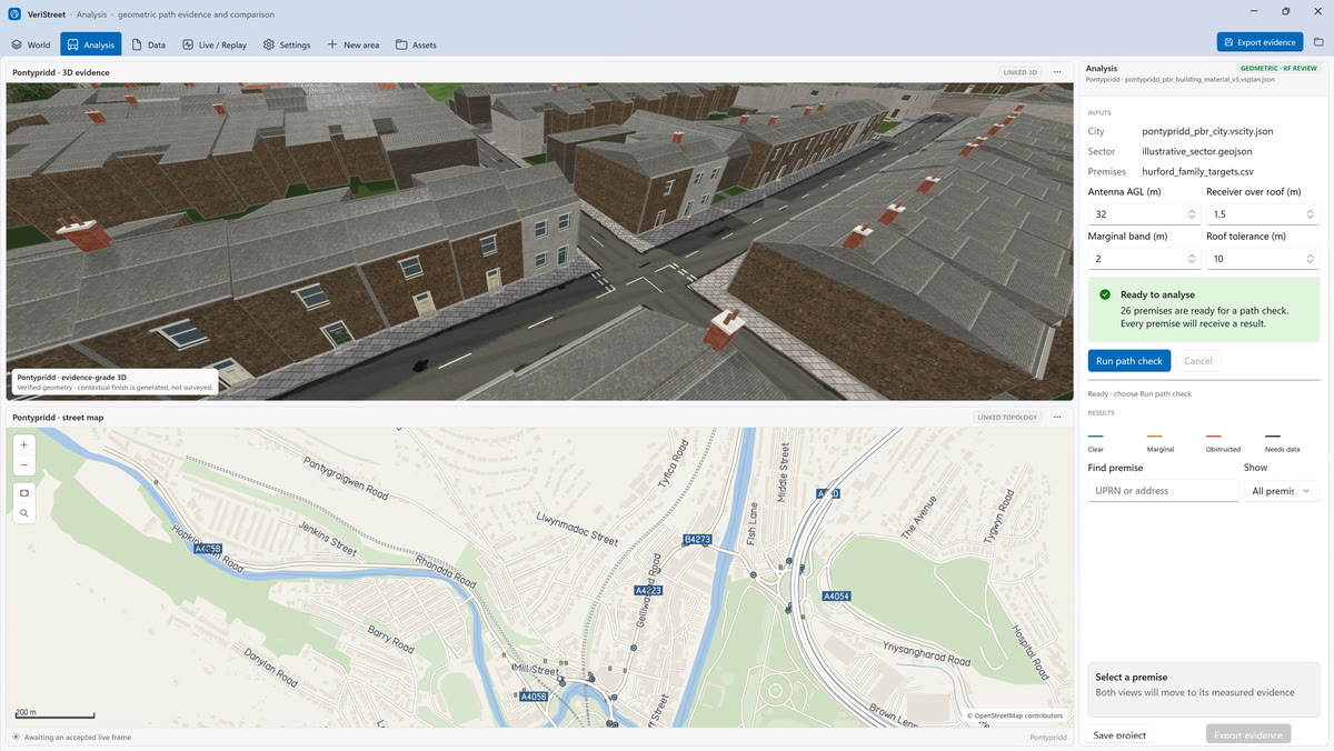 The VeriStreet Windows app showing Pontypridd rooftops in 3D above a linked street map, with 26 premises ready for a path check.