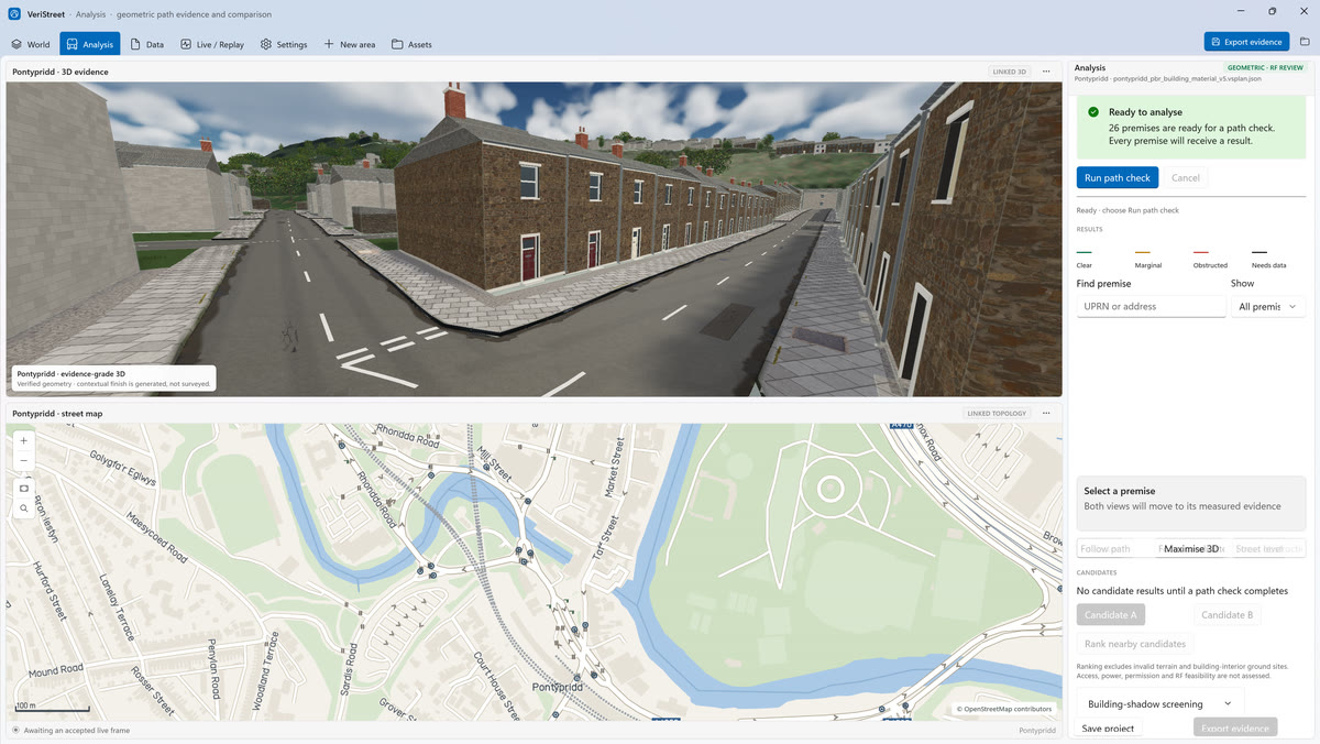The VeriStreet Windows app on its Analysis page: a 3D Pontypridd street above a linked street map, with path check settings alongside.
