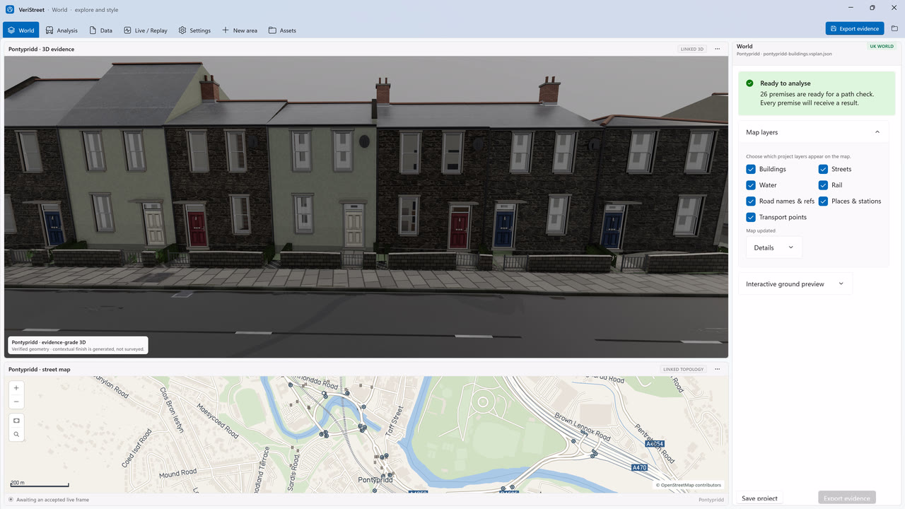 The VeriStreet Windows app on its World page: a 3D Pontypridd terrace above a linked street map and project layers.