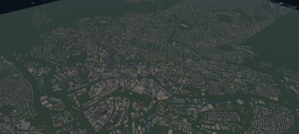 Bristol's buildings and river from above in an early VeriStreet DirectX 12 build.