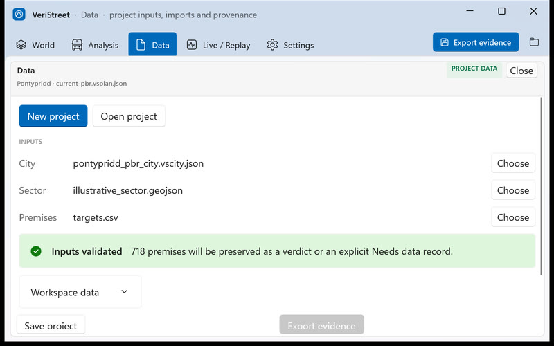 The VeriStreet Data page, with city, sector and premises inputs validated for 718 premises.