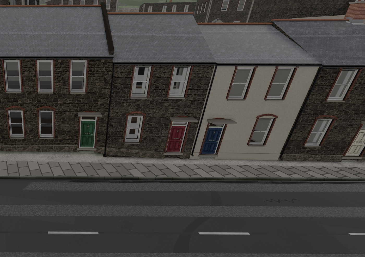 Green, red and blue front doors along a stone and cream rendered terrace in VeriStreet, with sash windows under brick arches, slate roofs, paving and a marked road.