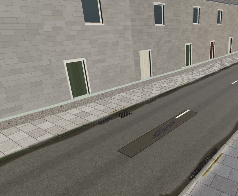 A stone terrace frontage in VeriStreet with green, cream and red doors, paving, a kerb and a gully.