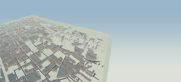 An early city compiler test in the VeriStreet desktop app: a street grid with simple building footprints and roofs.