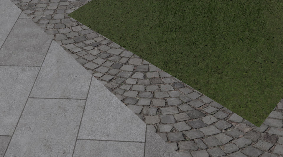 Close-up of paving flags, stone setts and grass in VeriStreet.