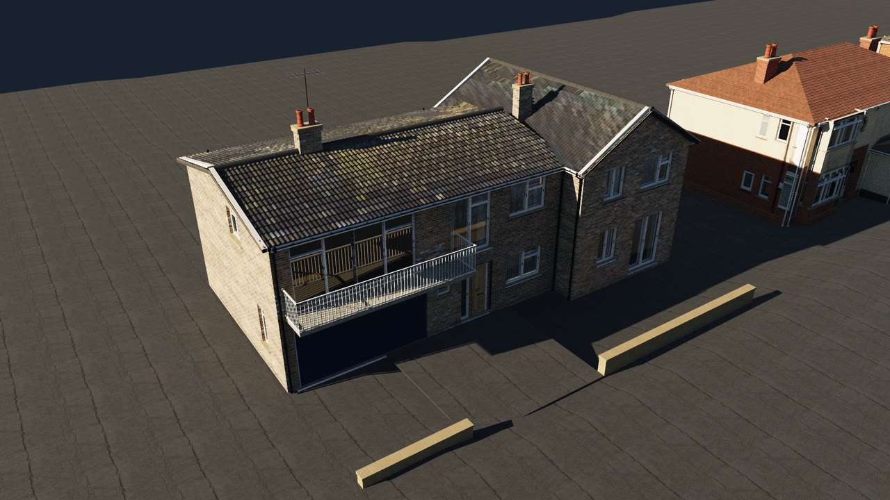 The same house with warm sunlight, attached roof and boundary shadows, and reflections in its windows.