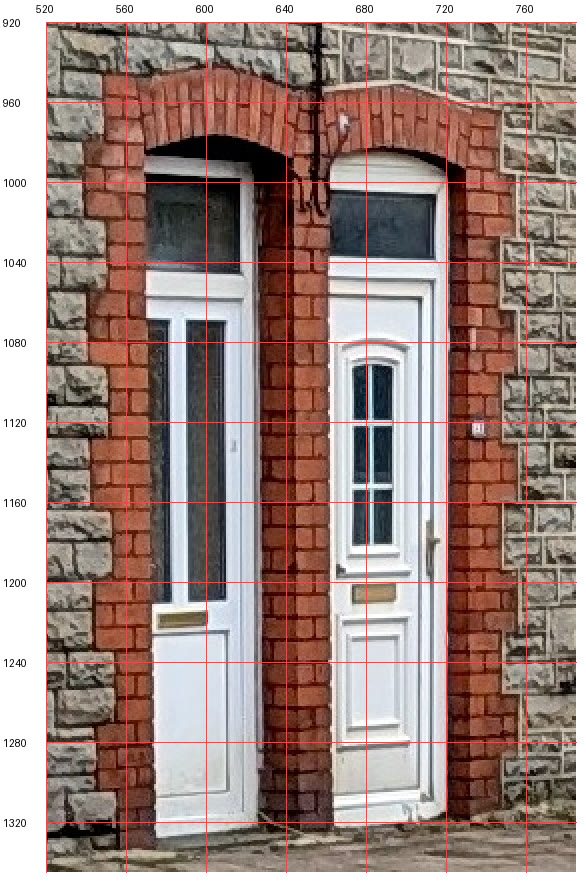 An enlarged crop of two neighbouring front doors under red brick arches on Pwllgwaun Road, Pontypridd, on a pixel grid.