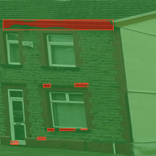 The straightened house front with a facade model's labels overlaid: wall in green and mistaken door detections in red on sills and eaves.