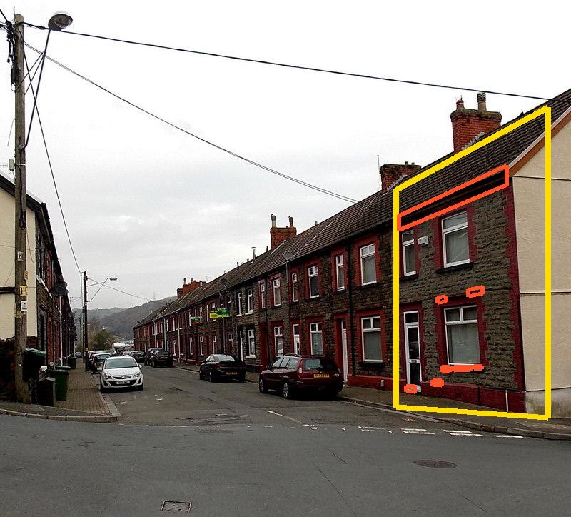 A street photograph of Hurford Street, Pontypridd, with one house front outlined in yellow for analysis.