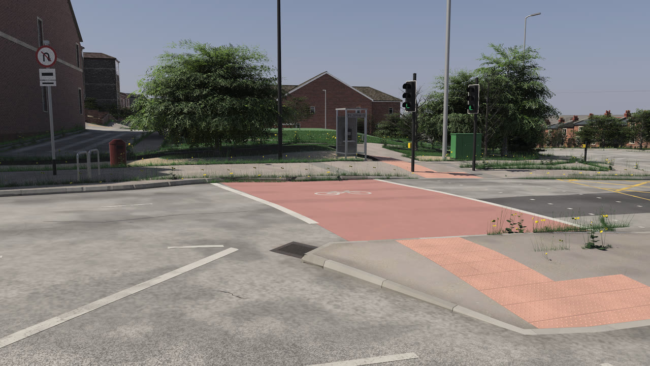 A street-level view rendered by VeriStreet: worn and cracked asphalt with a drainage gully, a red cycle box with a bicycle symbol, tactile paving at a crossing, dandelions and grass growing along the kerbs, traffic signals, lighting columns, a kiosk, a litter bin, trees and brick houses under a blue sky.