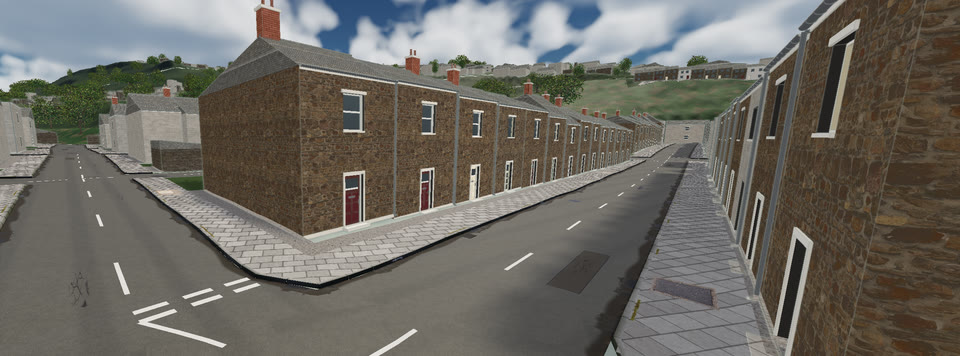 Stone terraces with red doors and chimneys on a Pontypridd street corner in VeriStreet, with hills beyond.