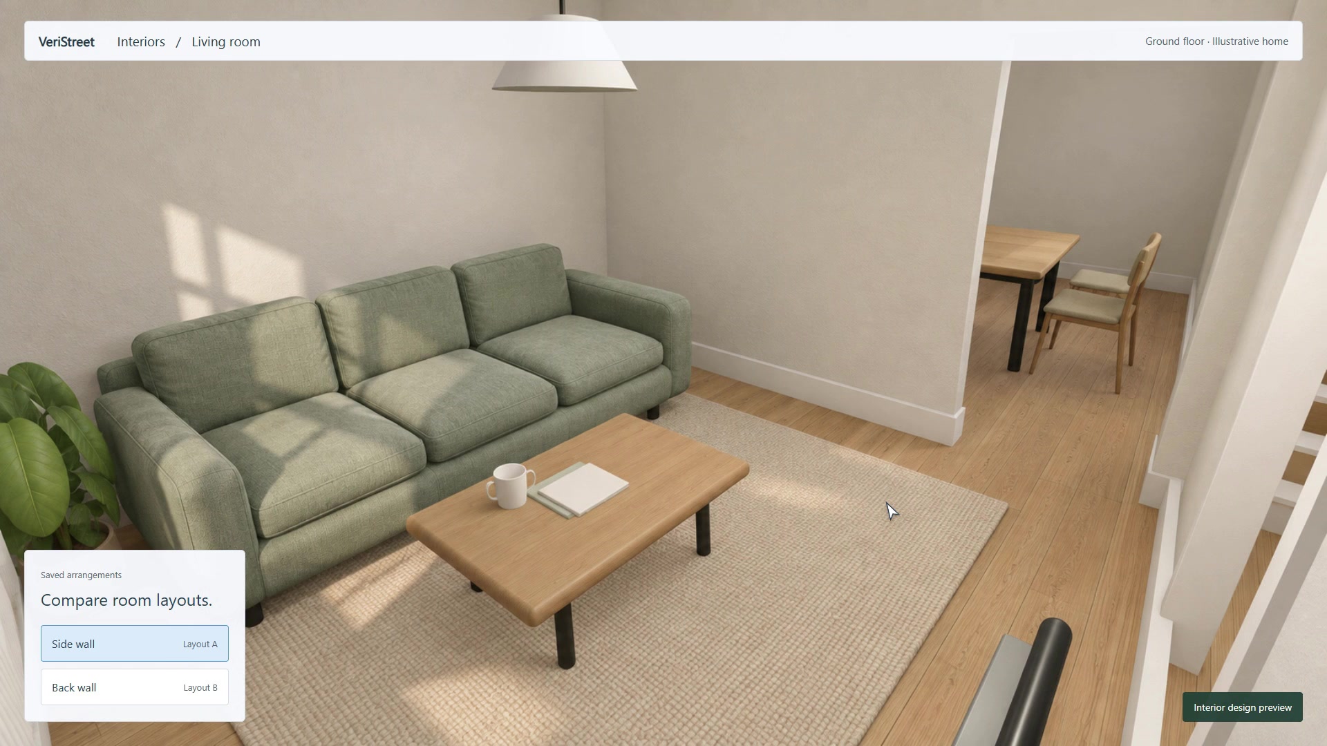 A Windows interior workflow compares two arrangements of the same living room.