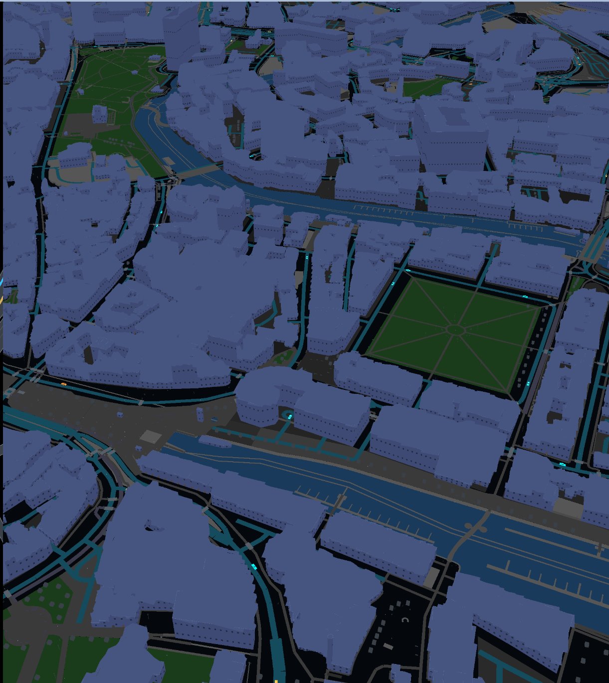 Overhead view of the rebuilt neighbourhood: roads, buildings and junction geometry